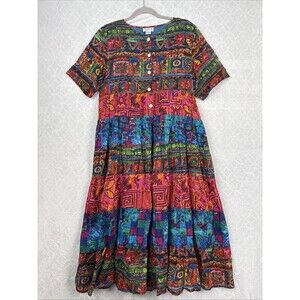 Vtg Saybury House Dress Womens M Colorful Geometric Cotton Teacher Granny Patio